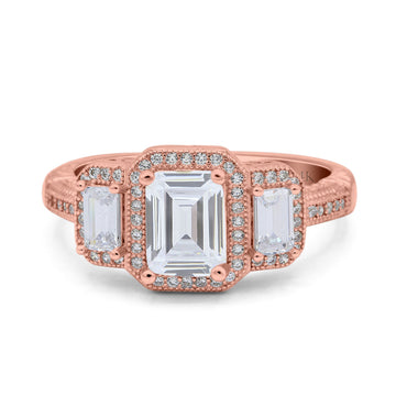 14K Rose Gold Emerald Cut Halo Bridal Wedding Engagement Ring Simulated CZ Size-7